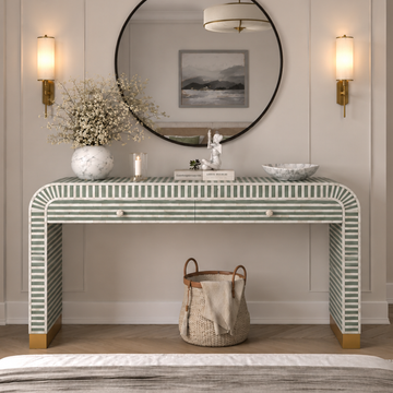 Green Striped Bone Inlay Console Table with Drawers | Handmade Waterfall Entryway Table