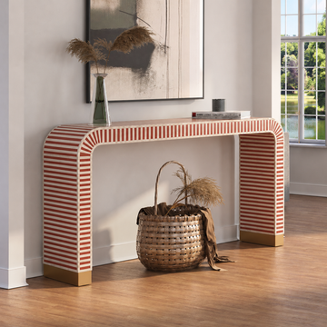 Orange Striped Bone Inlay Waterfall Console Table | Handmade Modern Entryway Console