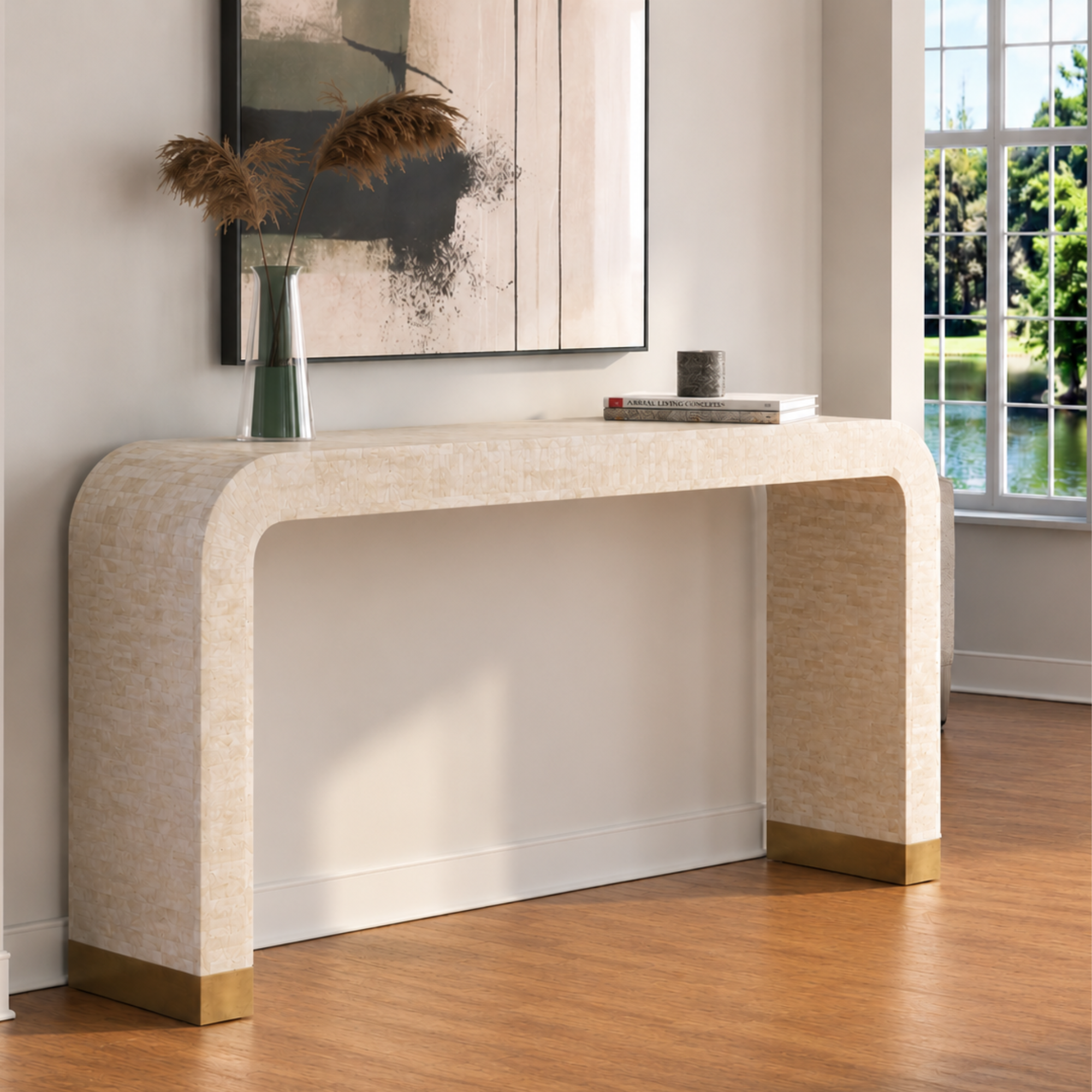White Bone Inlay Waterfall Console Table | Handmade Modern Entryway Table
