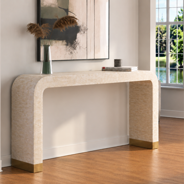 White Bone Inlay Waterfall Console Table | Handmade Modern Entryway Table