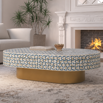 Handmade Blue Bone Inlay Oval Coffee Table | Luxury Center Table with Gold Base