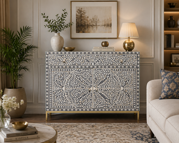 Handmade Bone Inlay Floral Sideboard – Luxury Black White Buffet Cabinet, Artisan Inlay Credenza, Designer Storage Furniture