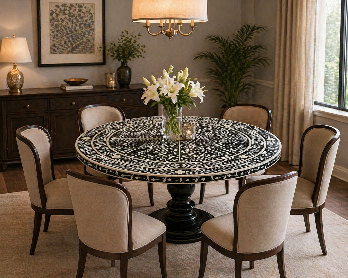 Handmade Bone Inlay Floral Dining Table – Black White Round Dining Table, Luxury Pedestal Table, Artisan Inlay Furniture