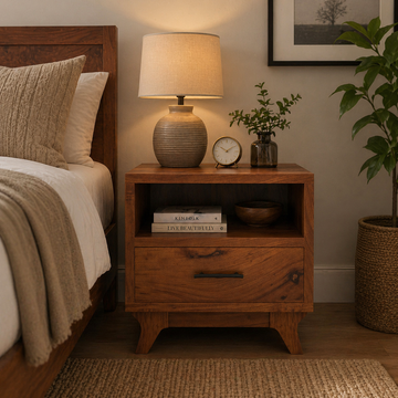 Solid Wood Bedside Table with Open Shelf & Drawer | Modern Wooden Nightstand | Rustic Bedroom Side Table