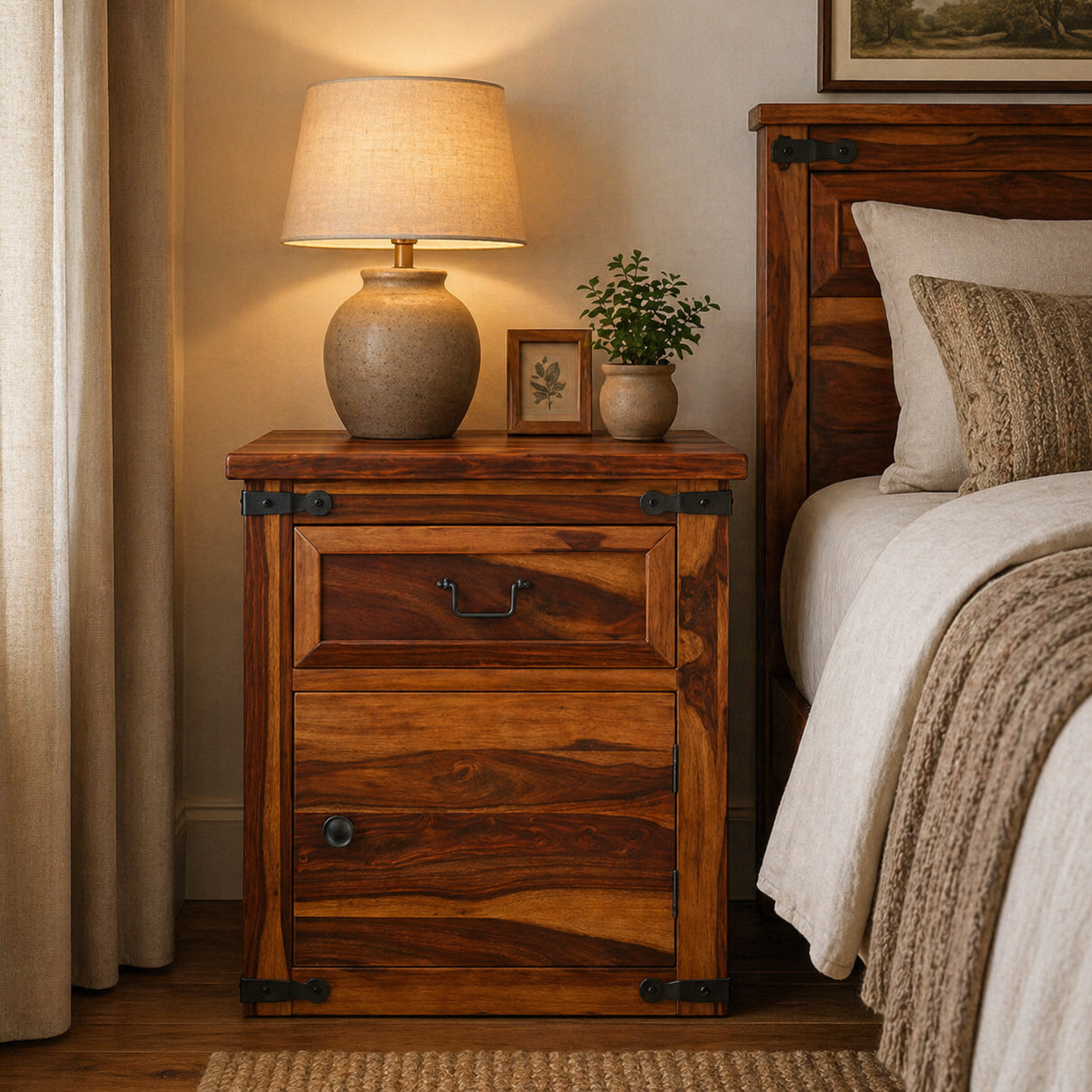 Solid Wood Bedside Table with Drawer & Cabinet | Rustic Farmhouse Nightstand | Wooden Bedroom Side Table
