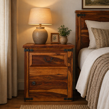 Solid Wood Bedside Table with Drawer & Cabinet | Rustic Farmhouse Nightstand | Wooden Bedroom Side Table