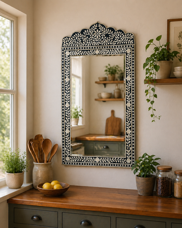 Handmade Bone Inlay Mirror Frame Blue Floral Design Decorative Wall Mirror Luxury Home Decor