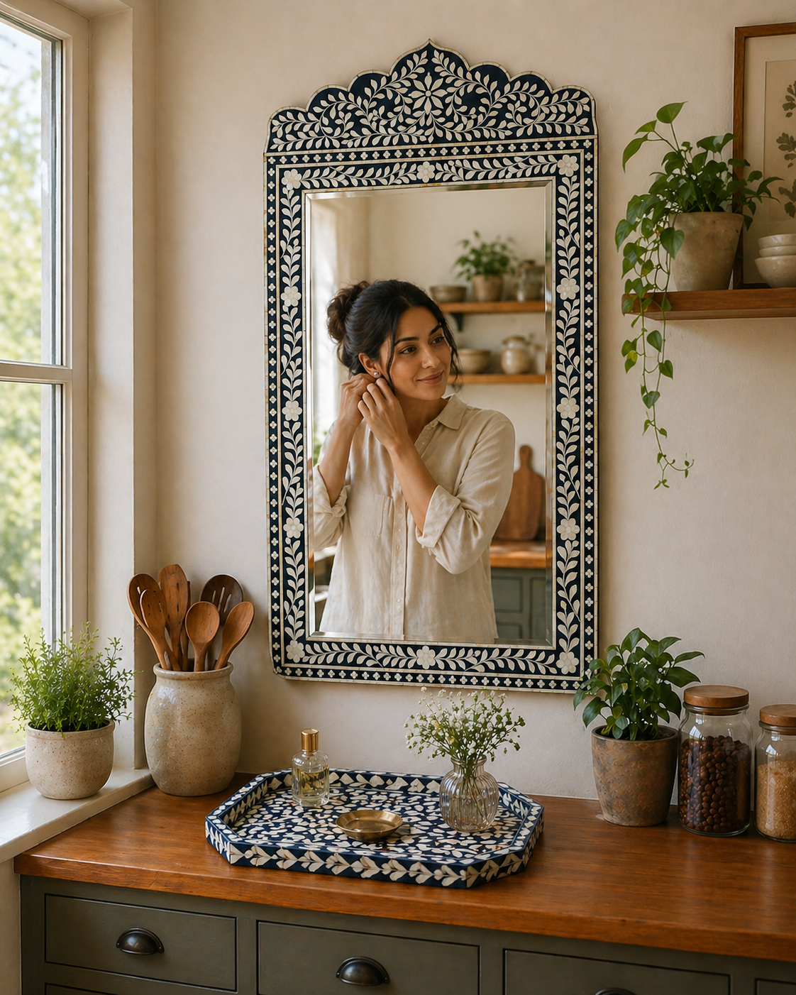 Handmade Bone Inlay Mirror Frame Blue Floral Design Decorative Wall Mirror Luxury Home Decor