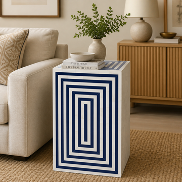 Blue Geometric Bone Inlay End Table Handmade Modern Side Table Luxury Living Room Furniture