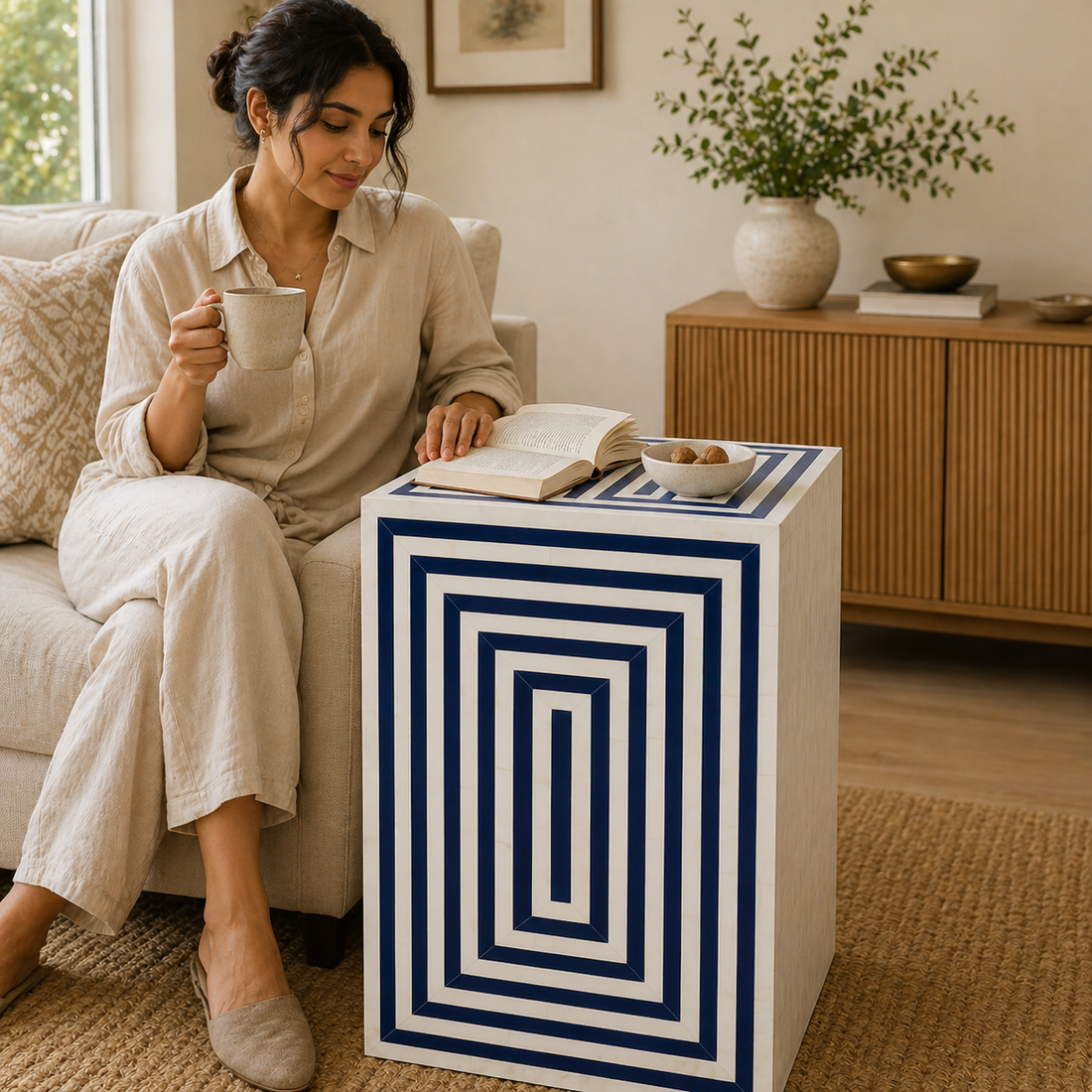 Blue Geometric Bone Inlay End Table Handmade Modern Side Table Luxury Living Room Furniture