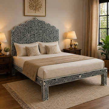 Handmade Bone Inlay Floral Bed – Black White Luxury King Size Bed, Artisan Inlay Headboard Bed, Designer Bedroom Furniture