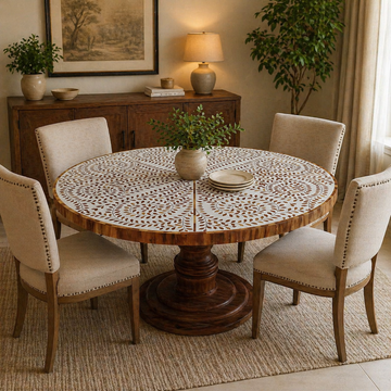 Handmade Bone Inlay Floral Dining Table – Wooden Finish Round Dining Table, Luxury Pedestal Table, Artisan Inlay Furniture
