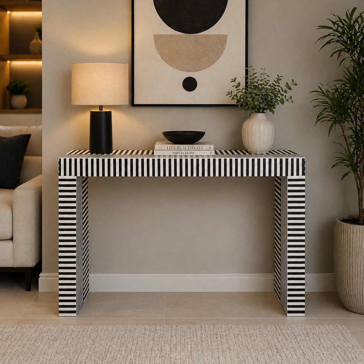 Handmade Bone Inlay Console Table – Black White Striped Entryway Table, Modern Hallway Table, Luxury Inlay Furniture