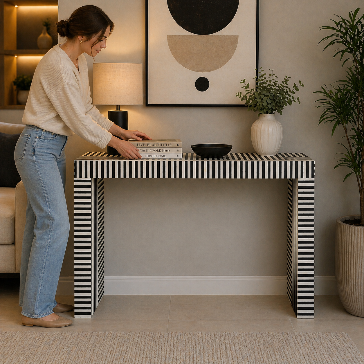 Handmade Bone Inlay Console Table – Black White Striped Entryway Table, Modern Hallway Table, Luxury Inlay Furniture