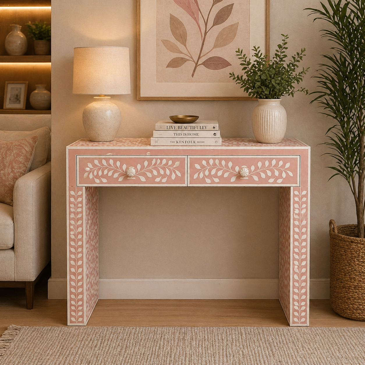 Handmade Bone Inlay Floral Console Table – Peach White Entryway Table, Luxury Hallway Table, Artisan Inlay Furniture