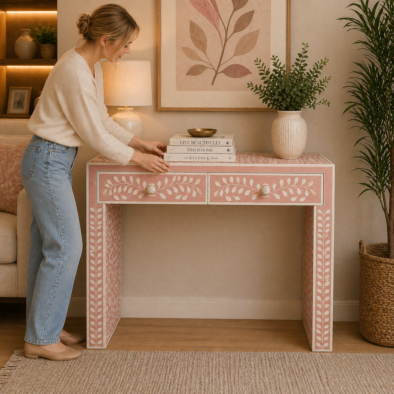 Handmade Bone Inlay Floral Console Table – Peach White Entryway Table, Luxury Hallway Table, Artisan Inlay Furniture
