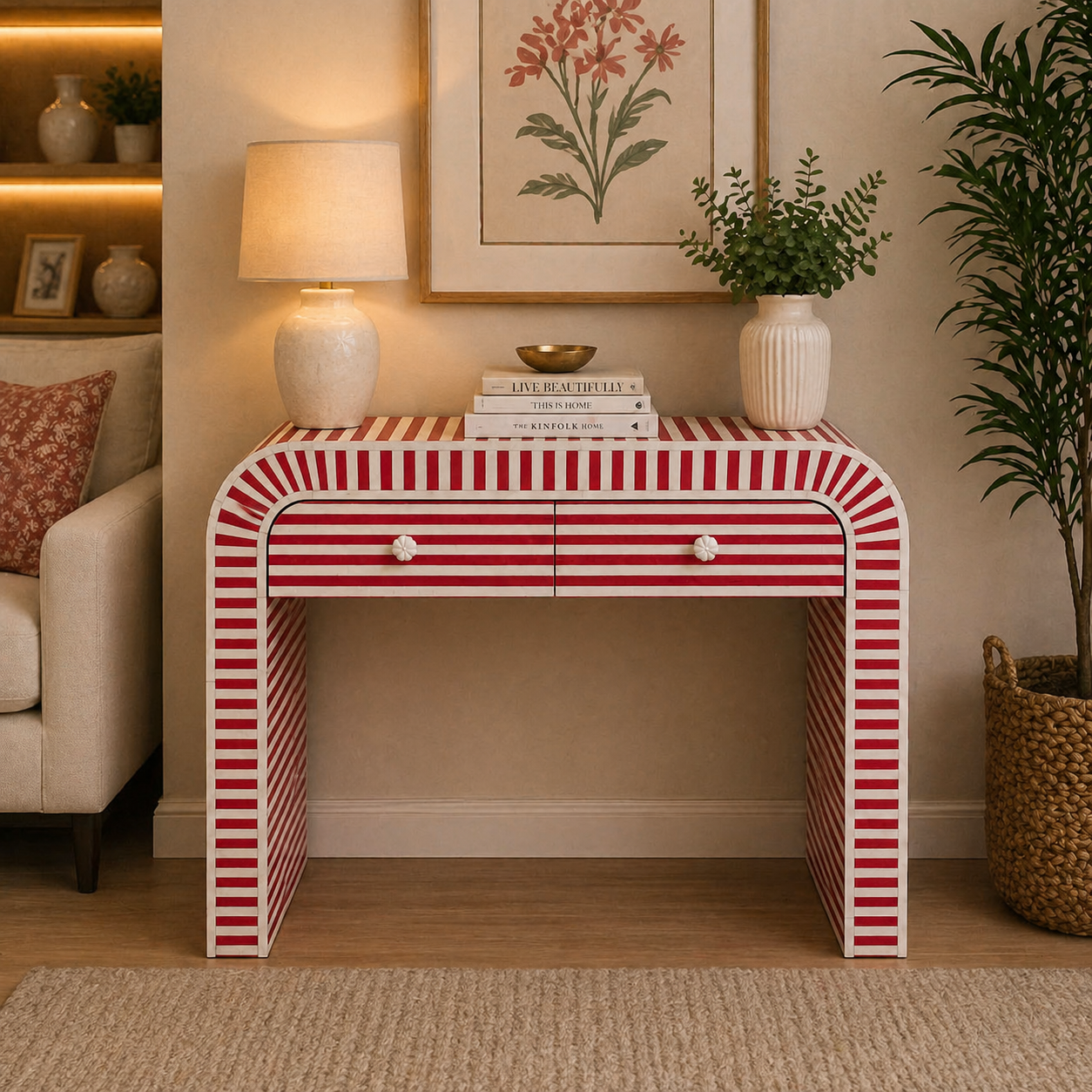 Handmade Bone Inlay Console Table – Red White Striped Entryway Table, Modern Hallway Table, Luxury Inlay Furniture