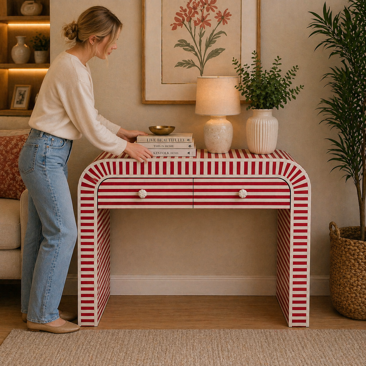 Handmade Bone Inlay Console Table – Red White Striped Entryway Table, Modern Hallway Table, Luxury Inlay Furniture