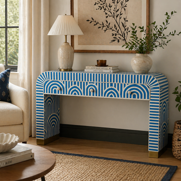 Handmade Bone Inlay 3 Drawer Console Table | Blue Striped Arch Design Entryway Table | Luxury Modern Hallway Furniture