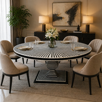 Handmade Bone Inlay Dining Table – Black White Stripe Round Dining Table, Modern Pedestal Table, Luxury Inlay Furniture