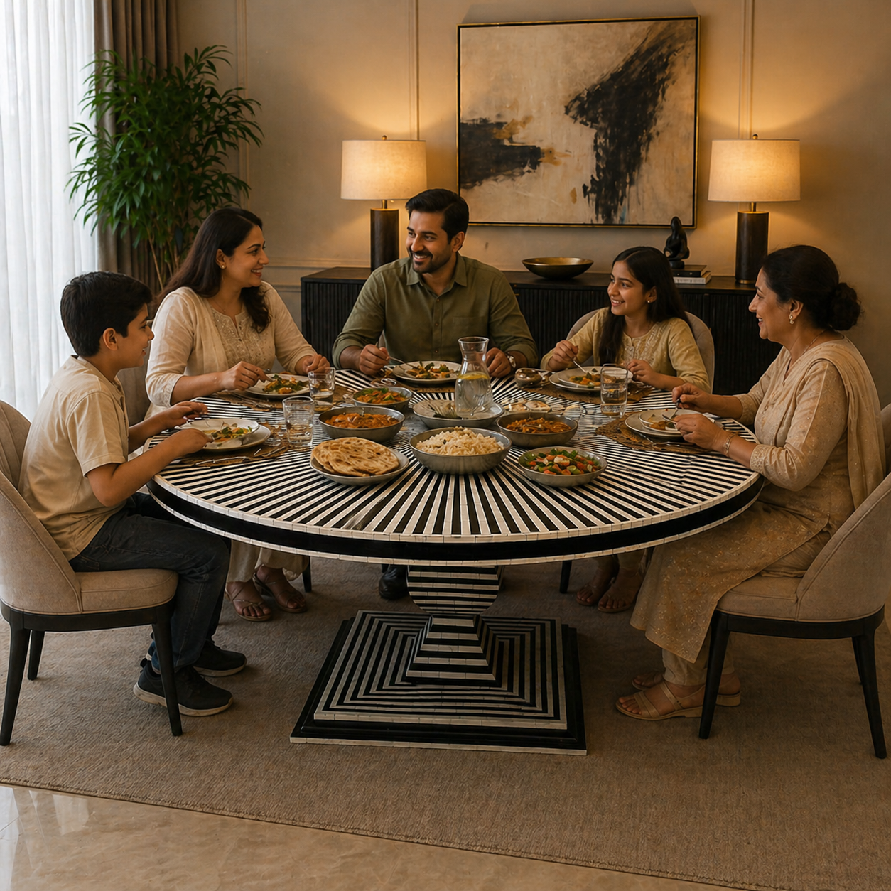 Handmade Bone Inlay Dining Table – Black White Stripe Round Dining Table, Modern Pedestal Table, Luxury Inlay Furniture