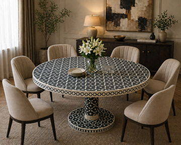 Handmade Bone Inlay Dining Table – Black White Geometric Round Table, Luxury Pedestal Dining Table, Artisan Inlay Furniture