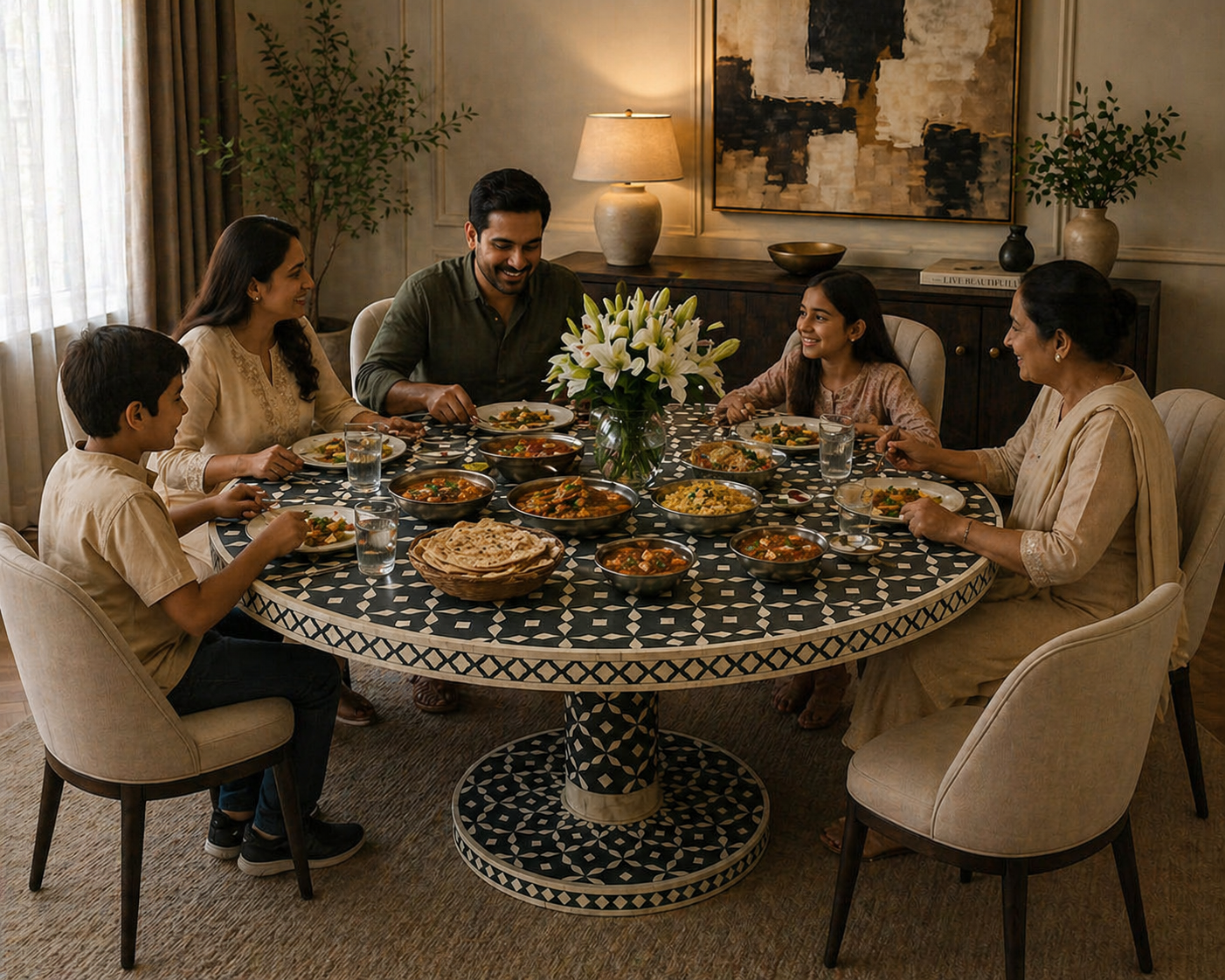 Handmade Bone Inlay Dining Table – Black White Geometric Round Table, Luxury Pedestal Dining Table, Artisan Inlay Furniture
