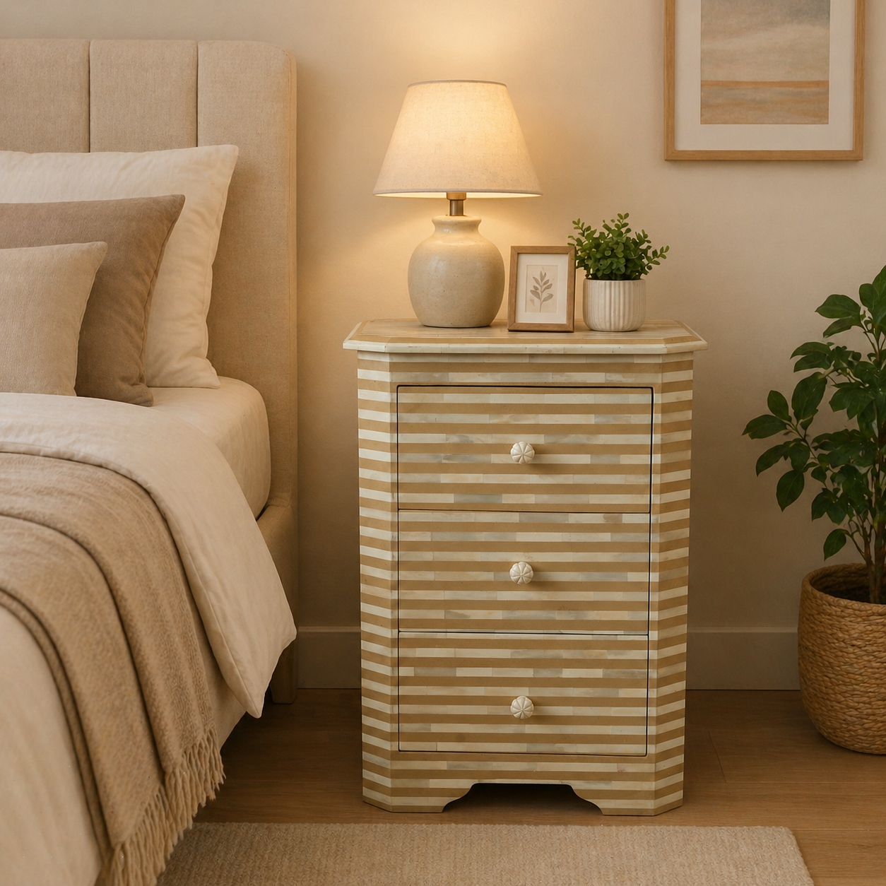 Handmade Bone Inlay Striped Bedside Table with 3 Drawers – Beige White Modern Nightstand Furniture