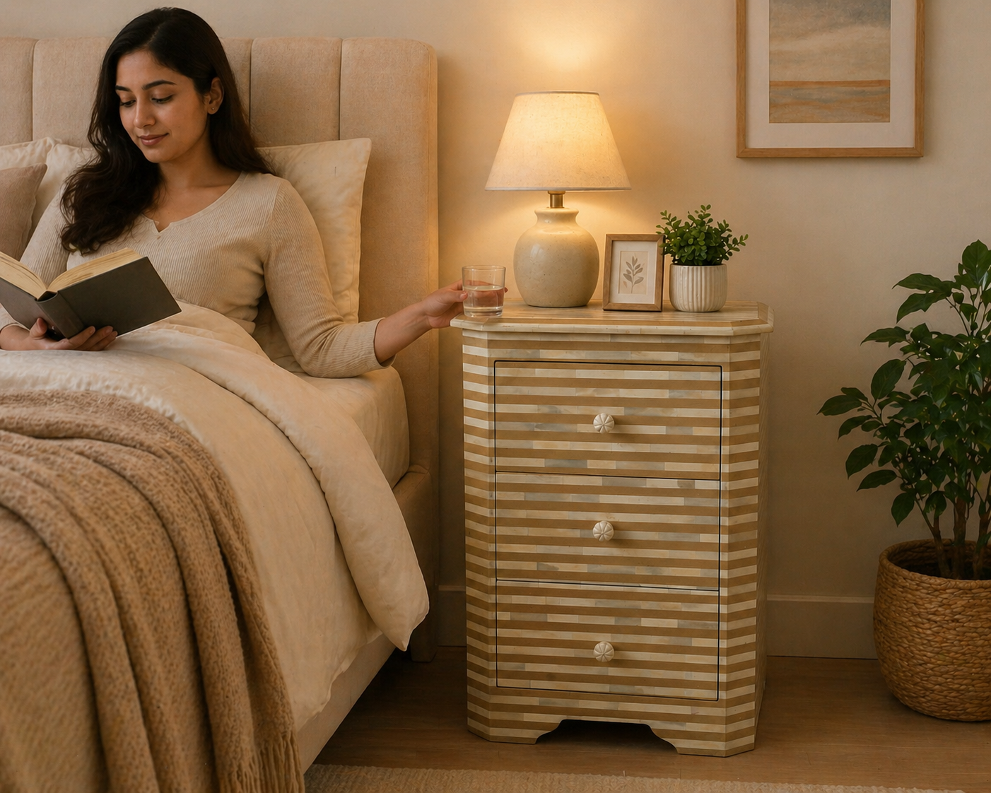 Handmade Bone Inlay Striped Bedside Table with 3 Drawers – Beige White Modern Nightstand Furniture