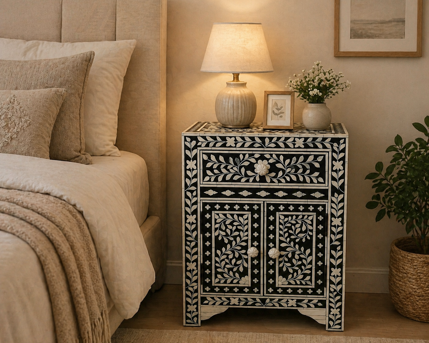Handmade Bone Inlay Floral Bedside Table with Drawer & Cabinet – Black White Luxury Nightstand Furniture