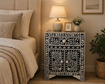 Handmade Bone Inlay Floral Bedside Table with Drawer & Cabinet – Black White Luxury Nightstand Furniture