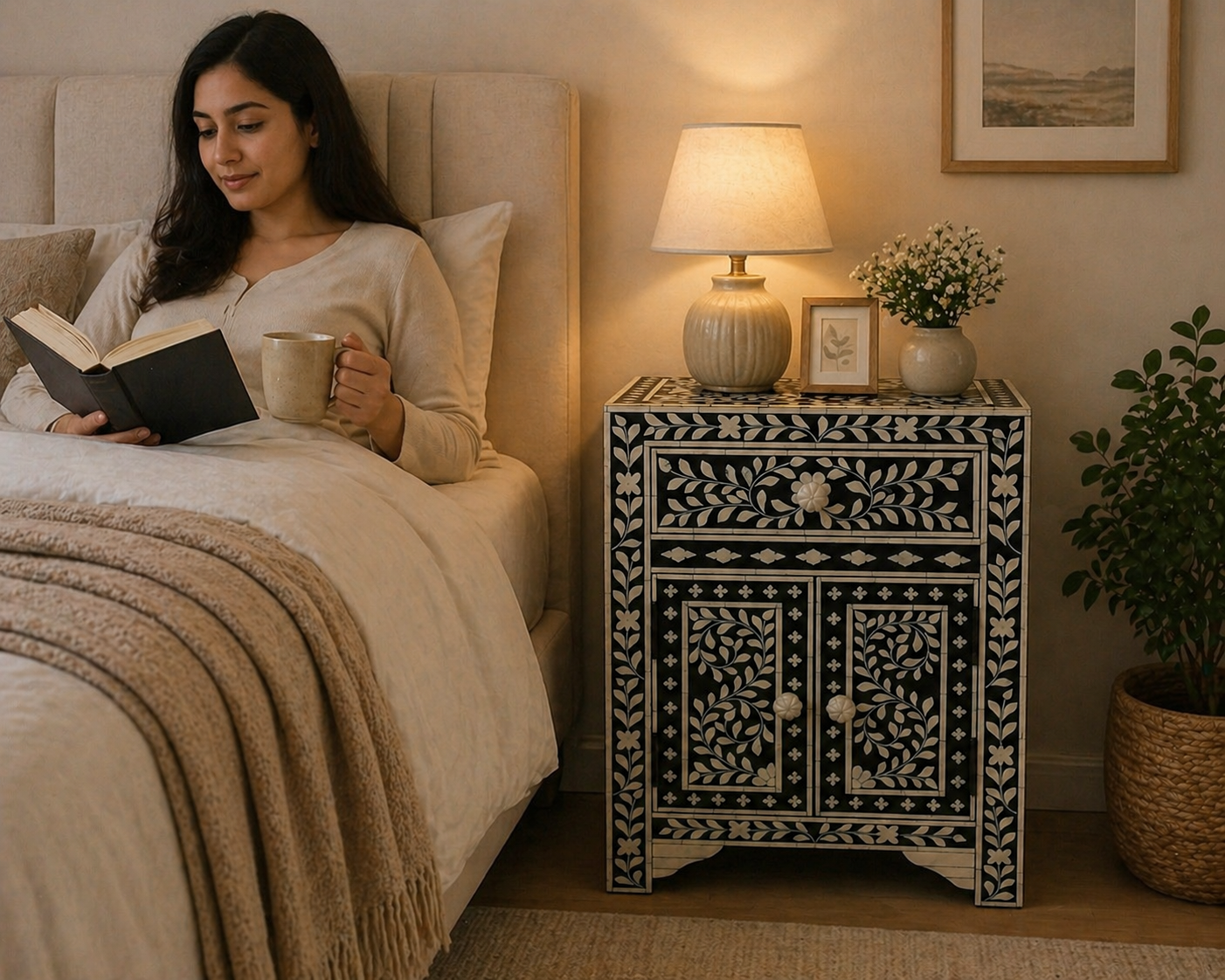 Handmade Bone Inlay Floral Bedside Table with Drawer & Cabinet – Black White Luxury Nightstand Furniture