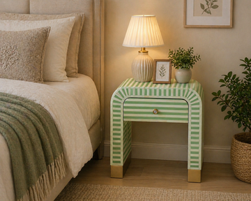 Handmade Bone Inlay Striped Bedside Table Mint Green – Modern Nightstand with Drawer Luxury Furniture