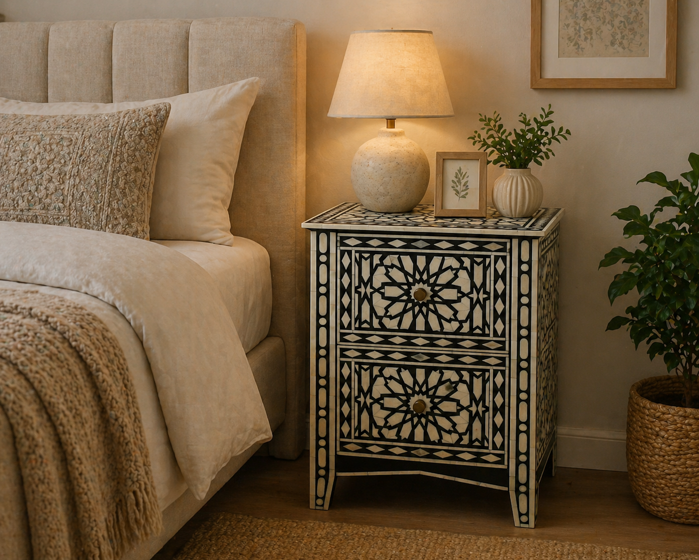 Handmade Bone Inlay Geometric Bedside Table Black White – 2 Drawer Luxury Nightstand Furniture