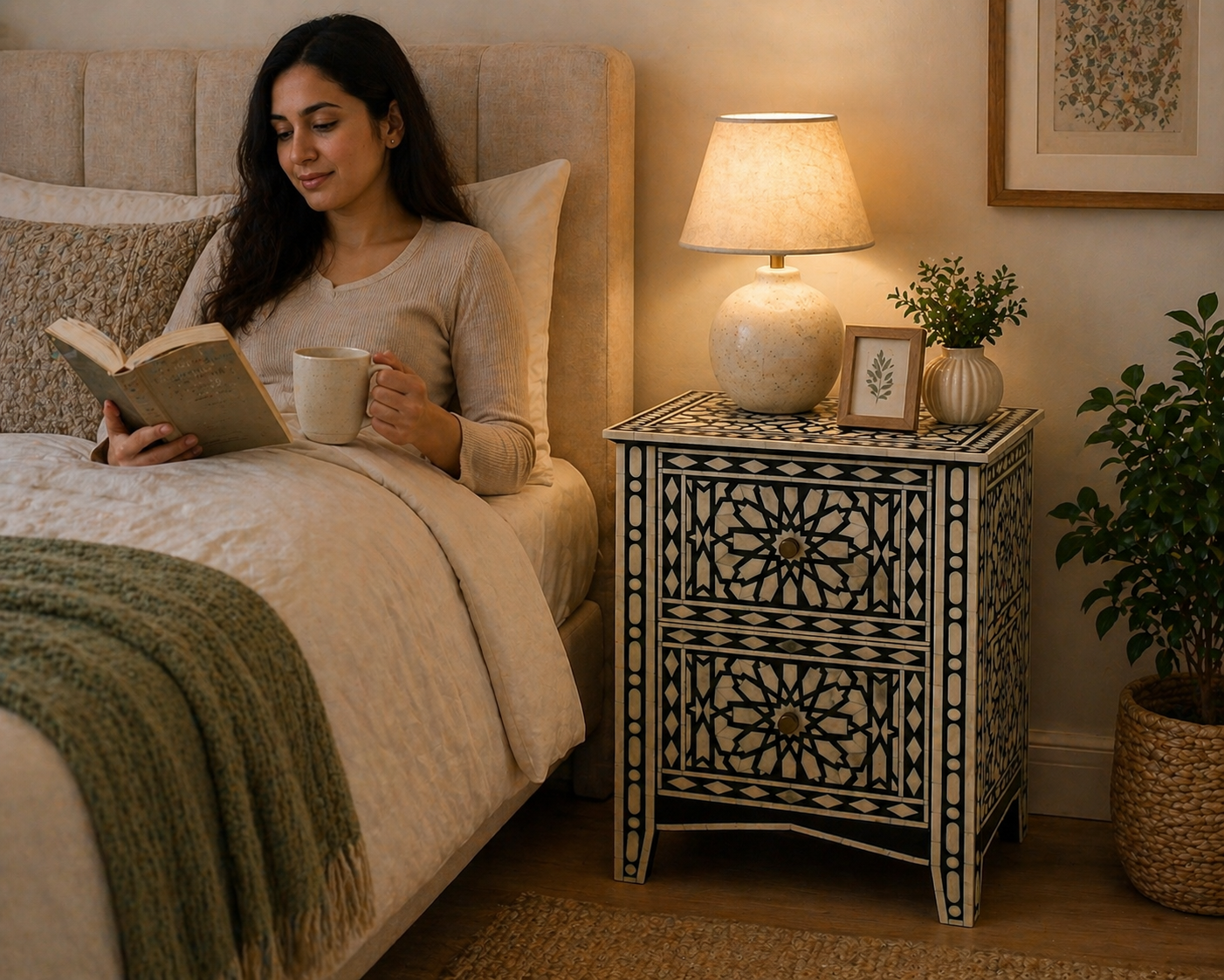 Handmade Bone Inlay Geometric Bedside Table Black White – 2 Drawer Luxury Nightstand Furniture