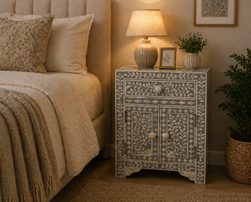 Handmade Bone Inlay Floral Bedside Table Grey White – Drawer & Cabinet Nightstand Luxury Furniture