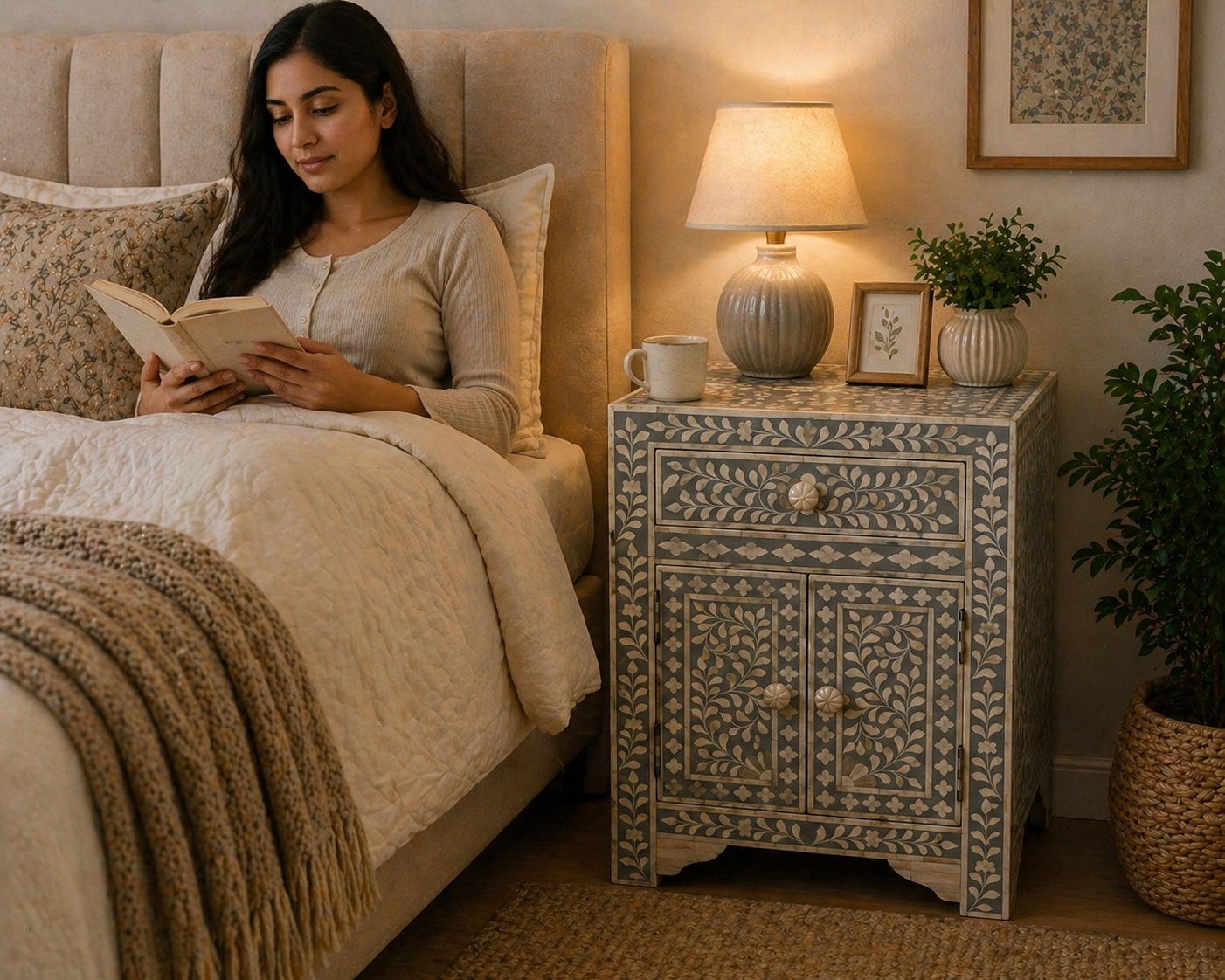 Handmade Bone Inlay Floral Bedside Table Grey White – Drawer & Cabinet Nightstand Luxury Furniture