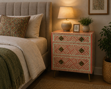 Handmade Bone Inlay Geometric Chest of Drawers Pink Coral – 3 Drawer Storage Cabinet Modern Luxury Furniture