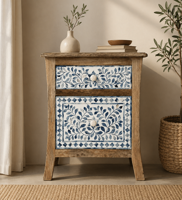 Handmade Bone Inlay Bedside Table Blue Floral Design Solid Wood Nightstand Drawer Cabinet