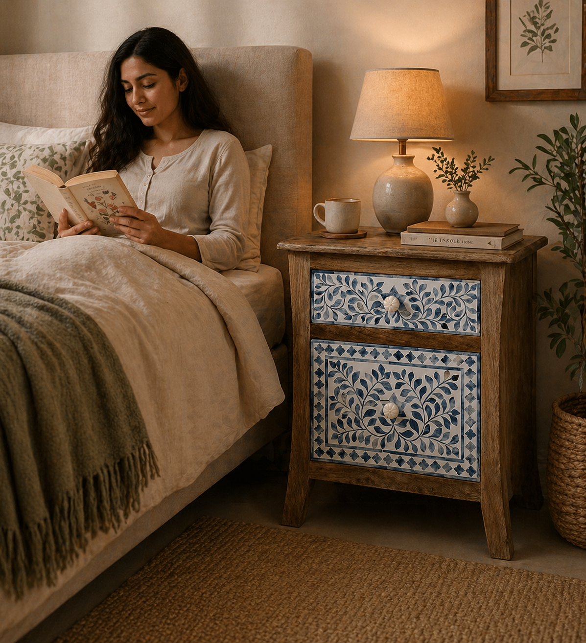 Handmade Bone Inlay Bedside Table Blue Floral Design Solid Wood Nightstand Drawer Cabinet