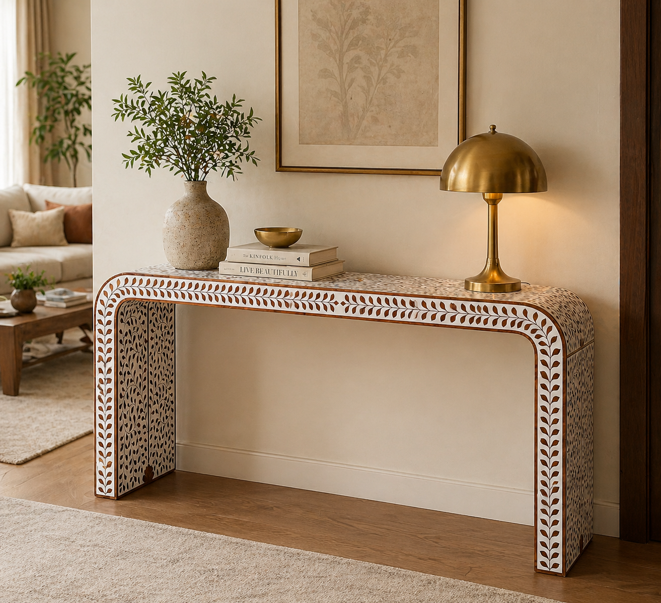 Handmade Bone Inlay Floral Console Table – Natural Wood Entryway Table, Luxury Hallway Table, Artisan Inlay Furniture