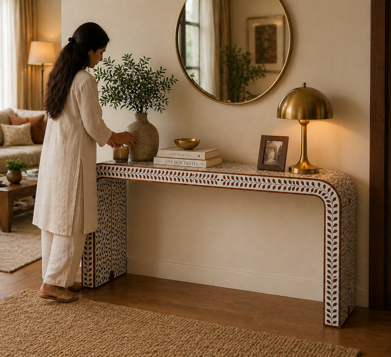 Handmade Bone Inlay Floral Console Table – Natural Wood Entryway Table, Luxury Hallway Table, Artisan Inlay Furniture