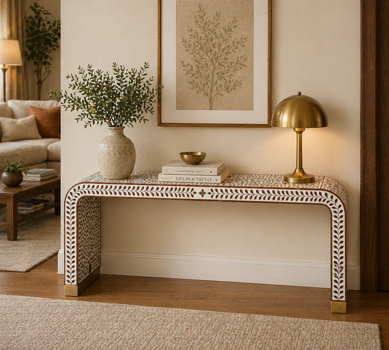 Handmade Bone Inlay Floral Console Table – White Wooden Entryway Table, Luxury Hallway Furniture, Artisan Inlay Table