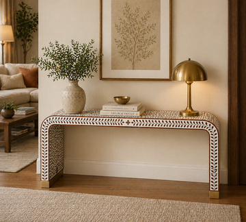 Handmade Bone Inlay Floral Console Table – White Wooden Entryway Table, Luxury Hallway Furniture, Artisan Inlay Table