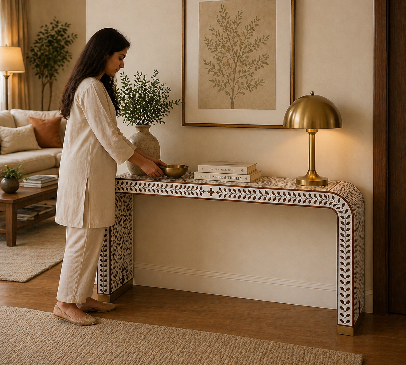 Handmade Bone Inlay Floral Console Table – White Wooden Entryway Table, Luxury Hallway Furniture, Artisan Inlay Table