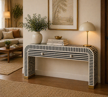 Handmade Bone Inlay Console Table – Black White Striped Entryway Table with Drawers, Modern Hallway Furniture