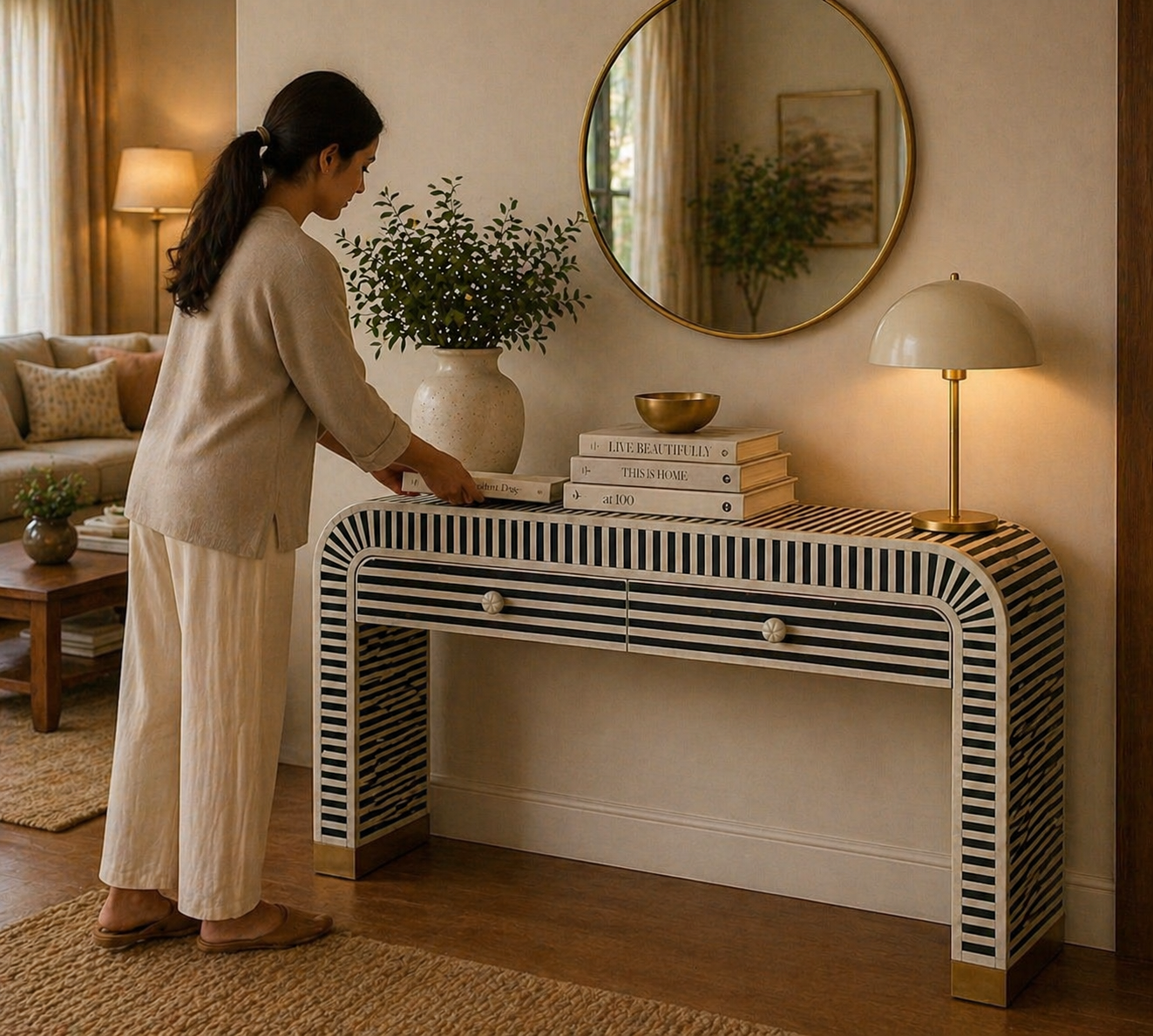 Handmade Bone Inlay Console Table – Black White Striped Entryway Table with Drawers, Modern Hallway Furniture