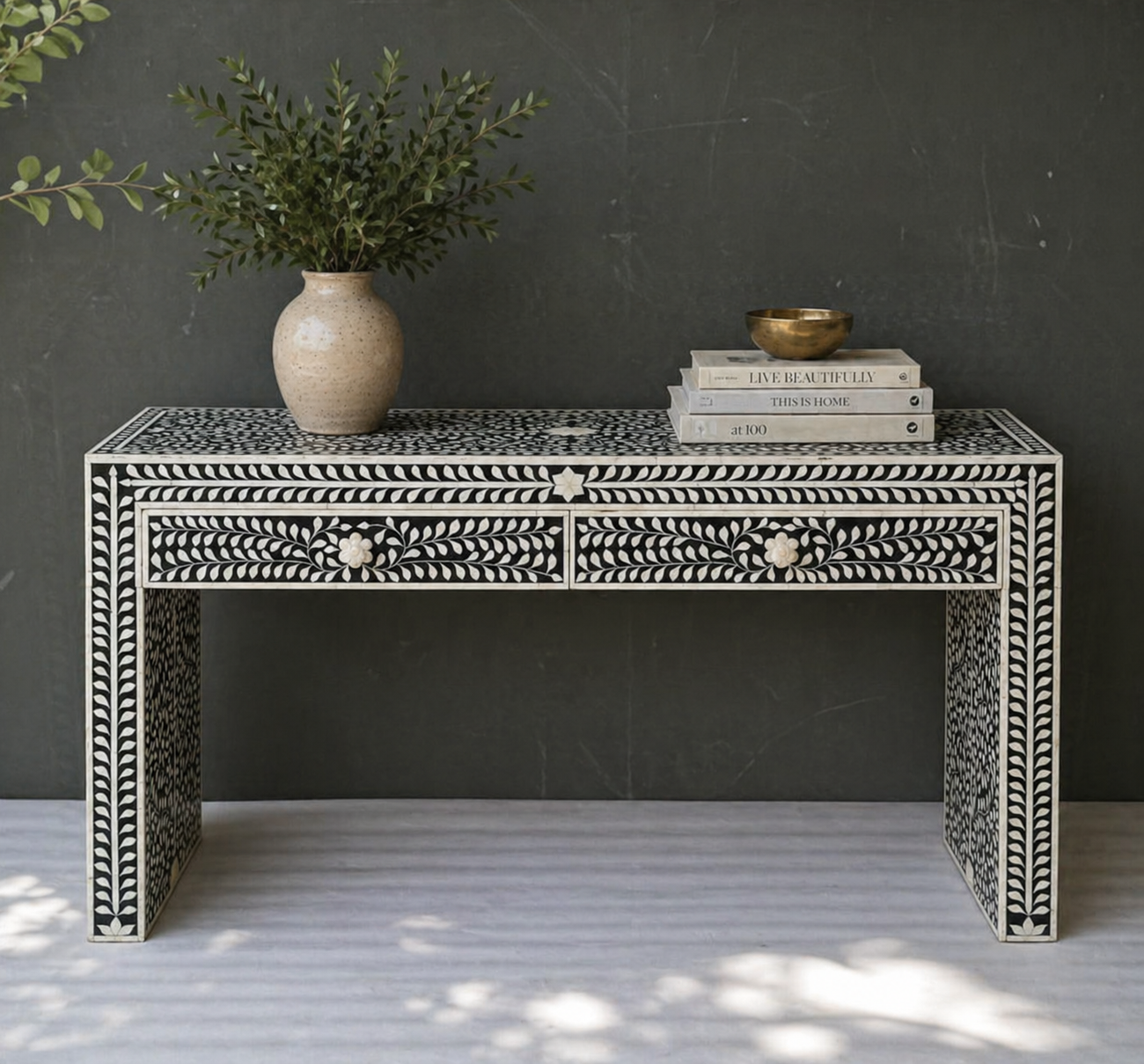 Handmade Bone Inlay Floral Console Table – Black White Entryway Table with Drawers, Luxury Hallway Furniture