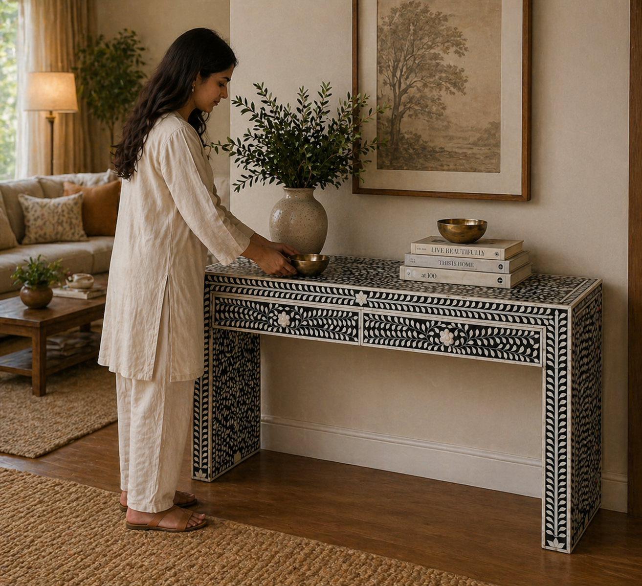 Handmade Bone Inlay Floral Console Table – Black White Entryway Table with Drawers, Luxury Hallway Furniture