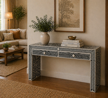 Handmade Bone Inlay Floral Console Table – Black White Entryway Table with Drawers, Luxury Hallway Furniture